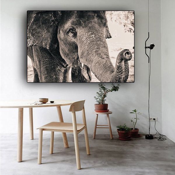 Toile Peinture Noir et Blanc Éléphants Sauvages Tête Et Yeux Animaux Affiches et Gravures Cuadros Mur Art Photo pour Salon PAS DE CADRE