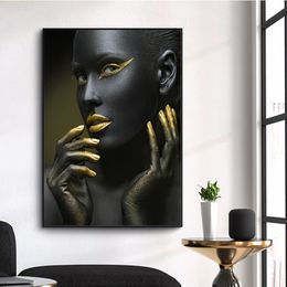 Pintura em tela preto ouro mulher africana retrato impressão cartaz da arte da parede fotos para sala de estar decoração casa sem moldura