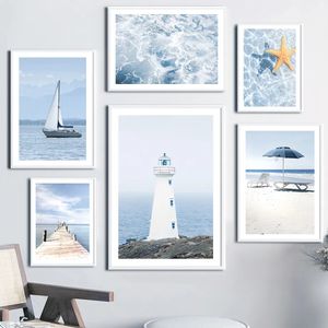 Pintura en lienzo, faro de cielo azul, arte de pared, carteles nórdicos de navegación en el océano e impresiones, imágenes de pared para decoración de sala de estar y dormitorio, sin marco Wo6