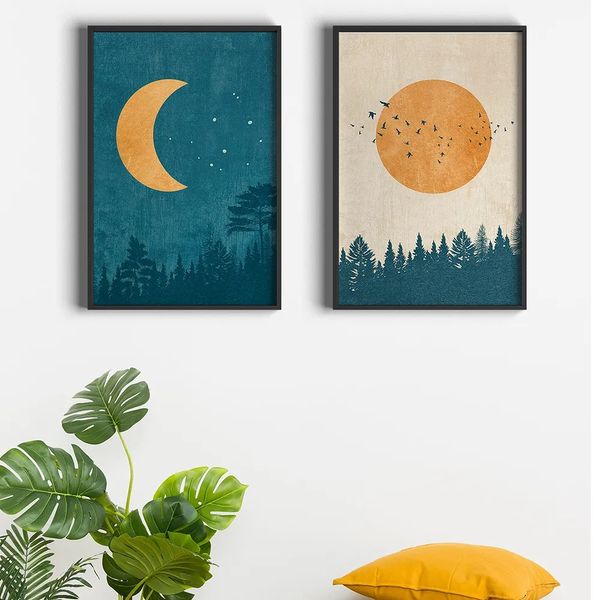 Toile peinture boho paysage images abstraites Moon Sun Affiches et imprimés Vintage Mur Art nordique Forest for Kids Bedroom Living Room Decor No Frame Wo6