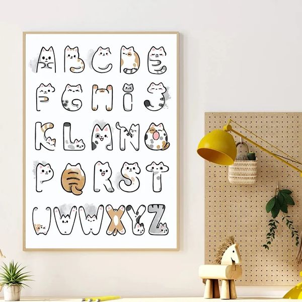 Toile Peinture Dessin Animé Chat Mur Art Alphabet Éducation Animaux Affiches Imprimer Nordique Mur Photos Enfants Chambre Salon Décor À La Maison No Frame Wo6