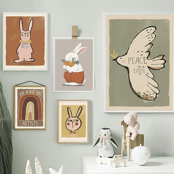 Toile peinture dessin animé lapin colombe arc-en-ciel éléphant Alphabet mur drôle animaux affiches imprime Art enfants bébé chambre décor pas de cadre Wo6