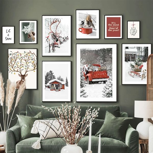 Peinture sur toile de Noël rouge voiture Girft Box cerf flocon de neige peintures murales affiches et impressions nordiques photos murales pour enfant salon décoration d'intérieur sans cadre