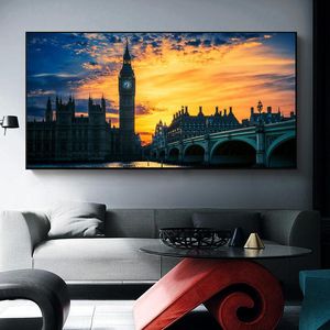 Toile peinture ville paysage Big Ben jaune toile impression mur Art photo pour salon décor à la maison décoration murale sans cadre