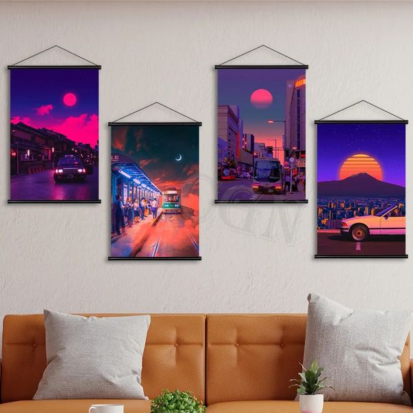 Peinture sur toile Ville Nuit Anime Scène Vaporwave Voiture Affiches Photos HD Impression Mur Art Maison Style Japonais Salon Chambre Décoration Cadeau Sans Cadre Wo6