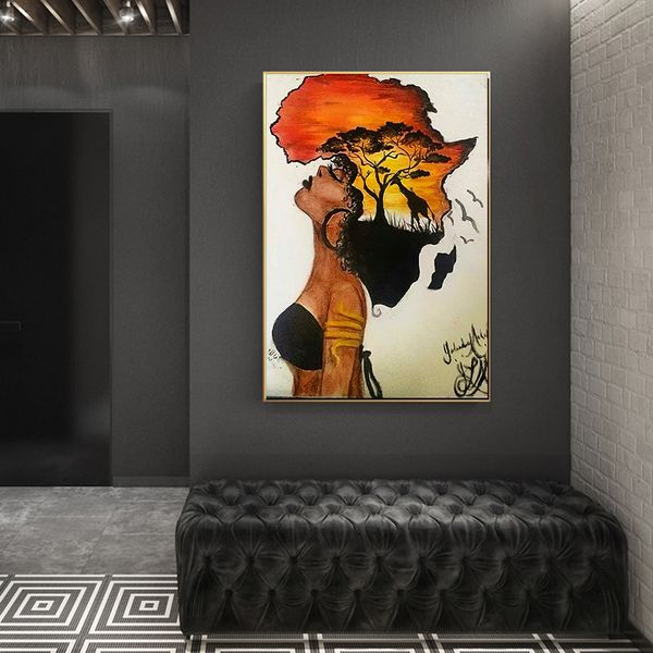 Pintura en lienzo Pinturas clásicas de mujer africana en la pared Paisaje abstracto del atardecer Arte de la pared Impresiones en lienzo y carteles Imágenes Decoración del hogar