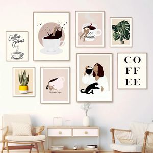 Peinture sur toile tasse à café chat noir, affiche de Yoga minimaliste drôle, impression murale, image abstraite pour salon, chambre à coucher, décor Wo6