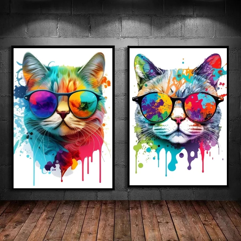 Canvas Painting Colorful Cat Animal Modern Living Room Aesthetic Poster Wall Art Home Children's Bedroom Decor Gifts No Frame Wo6
