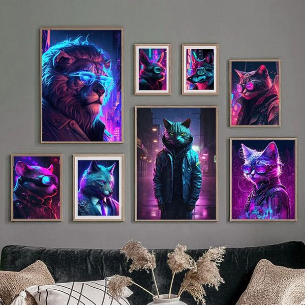 Pintura en lienzo Cyberpunk Cat Dog Lion Fox Neon Light Animals Poster Nordic Wall Art Print Pictures para la sala de estar Bar Club Decor No Frame Wo6