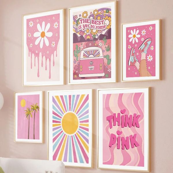 Pintura de lienzo Daisy Flower Beach CAR POSTERS Sunshine Honders estampados abstractos Arte de pared Fotografías de la sala de estar de dormitorio de niña Pink