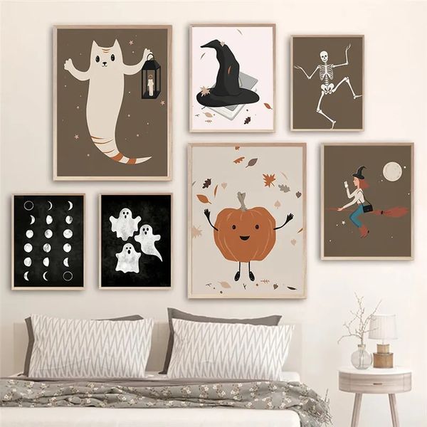 Pintura en lienzo de Halloween oscuro, dibujos animados de gato negro, carteles de otoño, calabaza, hoja de arce, arte de pared, sala de estar, dormitorio de niños, decoración del hogar, imagen sin marco Wo6