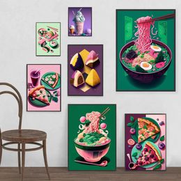 Peinture sur toile exquise Ramen Pizza crème glacée abstraite colorée nourriture et boisson affiches et impressions Art mural cuisine Restaurant salle à manger décor Wo6