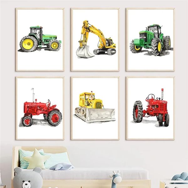Pintura en lienzo Tractor de granja Excavadora Bulldozer Loader Scooter Pósteres e impresiones en color Imágenes artísticas de pared Dormitorio de niños Decoración para sala de estar Sin marco Wo6