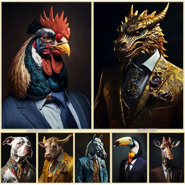 Toile peinture mode animaux vache coq Dragon costume Style imprime HD photo mur Art affiches pour salon décoration de la maison w06