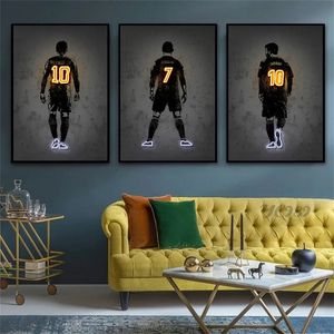 Canvas Schilderij Football Star Uniform Nummer Neon Art Poster Canvas Print Abstracte Kunst Muur Decor Foto voor Living Boy's Room Home Decor w06