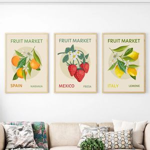 Lienzo pintura fruta mercado colorido fresa limón naranja fruta y planta refrescante carteles e impresiones arte de pared cuadros cocina comedor decoración Wo6