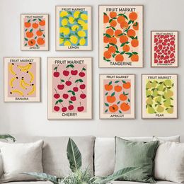 Canvas Schilderij Fruitmarkt Kers Citroen Peer Muurkunst Vintage Cartoon Kleur Poster Print Muur Foto Keuken Eetkamer Decor Cadeau Voor Vriend Geen Frame Wo6