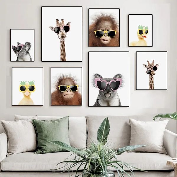 Peinture sur toile avec animaux amusants, koala, girafe, orang-outan, canard avec lunettes, affiches imprimées, art mural, chambre de bébé, chambre d'enfant, salon, décoration murale sans cadre Wo6