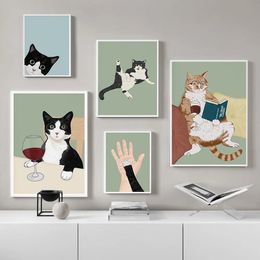 Toile peinture drôle chat forme lecture imprime smoking vin mignon chat amant affiche mur Art photos pour salon cuisine décor à la maison w06