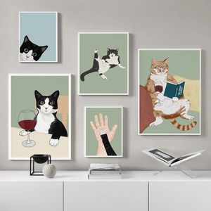 Pintura en lienzo con forma de gato divertido, impresiones de lectura, esmoquin, vino, amante de los gatos, póster, imágenes artísticas de pared para sala de estar, cocina, decoración del hogar w06