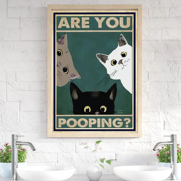 Peinture sur toile avec citation drôle de toilettes, faites-vous caca, impression murale, mignon, chat noir et blanc, affiche et impressions rétro, toilettes, salle de bains, toilettes, décoration d'intérieur, sans cadre Wo6