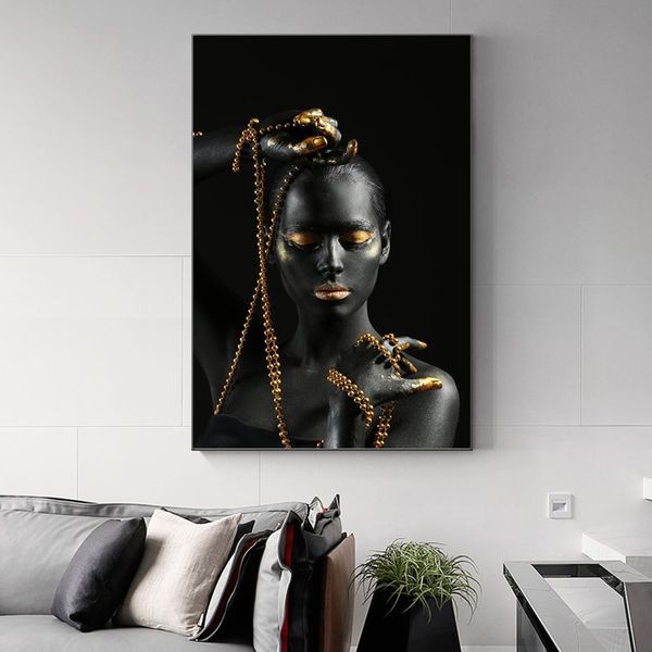 Peinture sur toile femme africaine dorée avec bijoux dorés, affiches et imprimés, tableau d'art mural pour salon, décoration de maison, Cuadros sans cadre