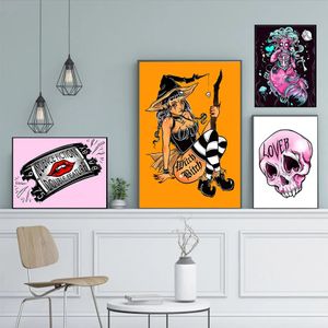 Pintura en lienzo de bruja gótica, tatuaje, amante, calavera, carteles e impresiones de Halloween, arte de pared, cuadros de pared nórdicos para sala de estar, decoración de dormitorio, sin marco Wo6