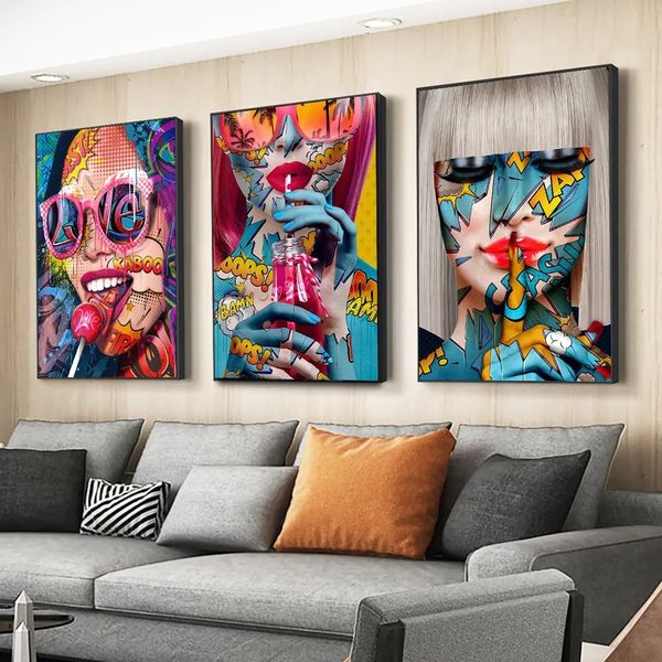 Pintura de lona Graffiti Abstract Girl Wall Art Pop Modern Sexy Mujer Sala de estar Decoración del hogar Decoración Mural Wo6