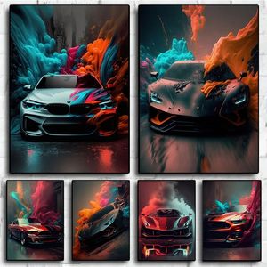 Peinture sur toile Gran Turismo coloré fumée voiture de sport affiche futuriste voitures célèbres impression d'art maison salon homme chambre décor mur art photo sans cadre Wo6