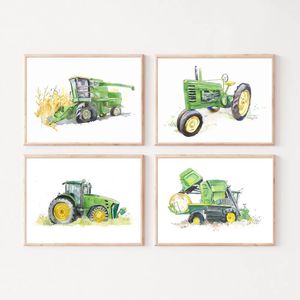 Canvas Schilderij Groene Tractor Combineren Cartoon Katoenplukker Poster Nordic Moderne Kunst Print Muur Foto Voor Boerderij Kinderen Slaapkamer Woonkamer Decor Gift Geen Frame Wo6