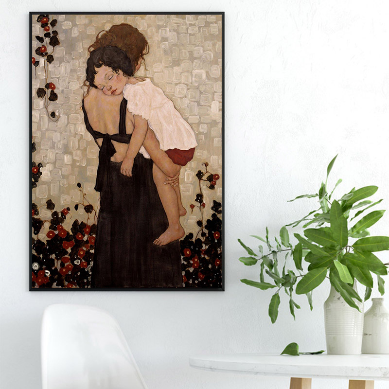 Canvas schilderen Gustav Klimt -poster en drukt een moeder af met een kinderolion -schilderij op canvas voor woonkamer thuisdecoratie