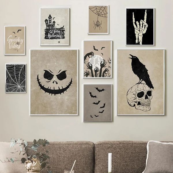 Lienzo Pintura Fantasmas de Halloween Esqueleto Murciélago Póster Cuervo Telaraña Nórdico Arte de la pared Impresión Imágenes vintage para la sala de estar Decoración de la barra Sin marco Wo6