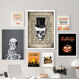 Peinture sur toile Halloween horreur sorcière imprime crâne musique affiche citrouille voiture art photo mur moderne salon chambre décor à la maison sans cadre Wo6