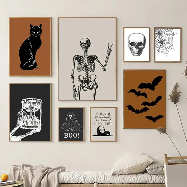 Pintura en lienzo Esqueleto de Halloween Fantasma Calabaza Murciélago Gato Póster Impresión Arte de la pared Nórdico Sala de estar Dormitorio Decoración Mural de pared Sin marco Wo6