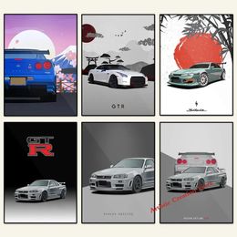 Canvas Schilderij Japan Auto Nissan - R34 Skyline GTR V-Spec Art Vintage Print Pictures Wall Art Modern Kantoor Woonkamer Home Decor Motorsport Boy Gift w06
