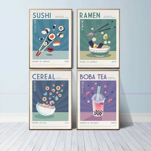 Canvas Schilderij Japans Eten Wall Art Prints Grappige Ramen Sushi Posters Boba Thee Cereal Prints Foto Kunst voor Keuken Eetkamer Home Decor Wo6