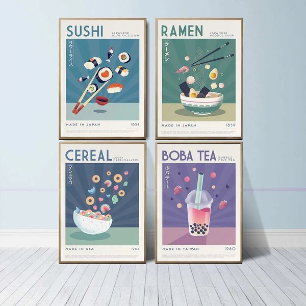 Lienzo Pintura Comida japonesa Arte de la pared Impresiones Divertido Ramen Sushi Posters Boba Té Cereal Impresiones Imagen Arte para la cocina Comedor Decoración para el hogar Wo6