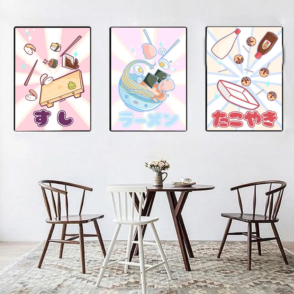 キャンバスペインティング日本のカワイイラーメン寿司ボールウォールピクチャーヌードルフードポスターと子供用キッチンダイニングルーム装飾なしのフレームWO6
