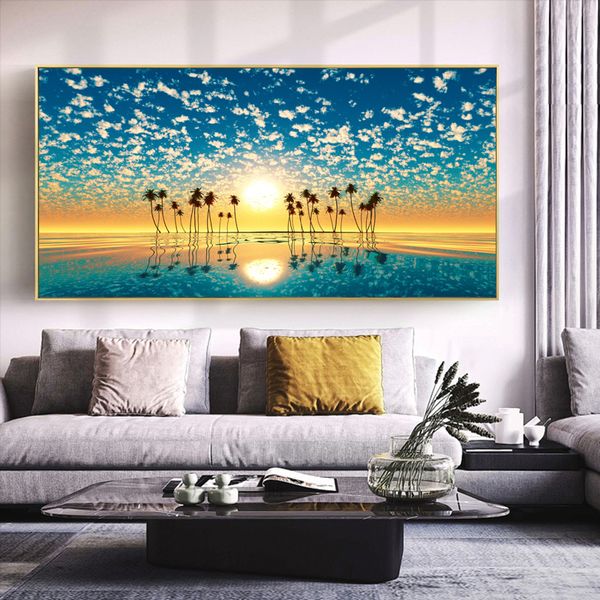 Toile peinture paysage affiches mur Art photos pour salon arbre coucher de soleil lac imprime moderne décor à la maison ciel nuages Cuadros
