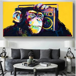 Peinture sur toile avec singe Animal moderne, affiches et imprimés d'écoute de musique, tableau d'art mural pour salon, décoration de la maison, Cuadros
