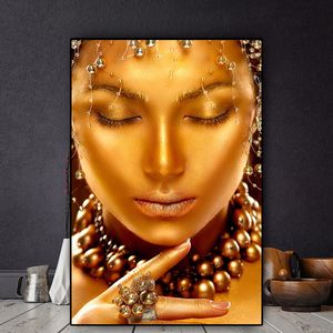 Canvas Schilderij Moderne Goud Zwarte Vrouw met Gouden Ornamenten Posters en Prints Muur Kunst Foto voor Woonkamer Decor Cuadros GEEN FRAME