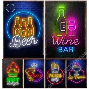 Peinture sur toile Neon Wine Bar Metal Tin Sign for Fast Food Posters And Print Snack Beer Burger Pizza Pictures Wall Decor Dining Room Decoration Restaurant Decor w06