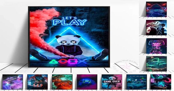 Peinture sur toile New Eat Sleep Neon Game Repeat Gaming Wall Art Affiche Jouant Gamer Art Peintures Imprime des images pour enfants garçons Ro8954642