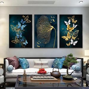 Canvas schilderen Noordelijke goud blauw vlinder blad vergulde foto muur poster moderne stijl stoffen print schilderij kunst Aisle woonkamer slaapkamer decor unframe