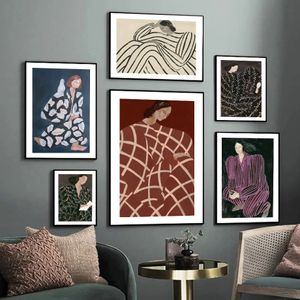Peinture sur toile affiches et imprimés nordiques ligne abstraite géométrie courbe fille peintures d'art mural moderne images murales pour décor de salon