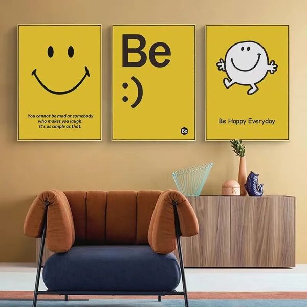 Toile peinture nordique Simple mignon Smiley visage sourire heureux jaune coréen Ins Style affiches et impression mur Art photo pour salon décor à la maison w06