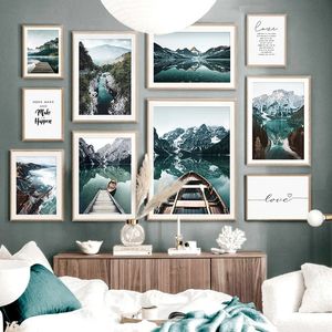 Canvas schilderen Noordse stijl Lake Boat Nature Mountain Landscape Posters Print Wall Art Foto's voor woonkamer slaapkamer huisdecoratie geen frame wo6