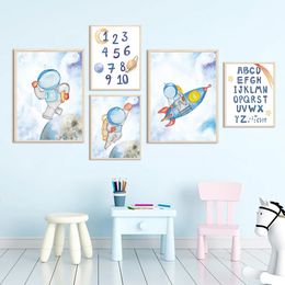 Pintura en lienzo Números Alfabeto Dibujos animados Astronauta Cohete Espacio Pósteres e impresiones Arte de la pared Imágenes de la pared Niños Niño Dormitorio Sala de estar Decoración Regalo Sin marco Wo6