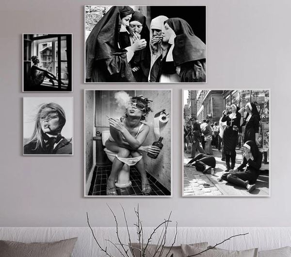 Peinture sur toile affiche de fête photographie noir et blanc nonnes lious boire et fumer photos murales pour décoration de salon 4093286