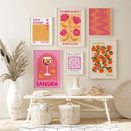 Canvas schilderen roze oranje trendy muur art Matisse Barcelona Spanje bloem sangria poster en prints voor woonkamer vrouwelijke slaapkamer bar decor wo6